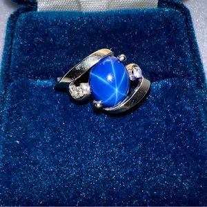 BEAUTIFUL Lab Created Star Sapphire With Genuine Diamonds & 14KT White Gold Ring